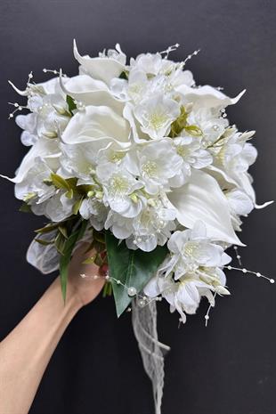 İncili Gala Yoğun Çiçekli Gelin Buketi Ve Damat Yaka Çiçeği