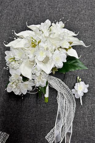 İncili Gala Yoğun Çiçekli Gelin Buketi Ve Damat Yaka Çiçeği