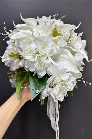 İncili Gala Yoğun Çiçekli Gelin Buketi Ve Damat Yaka Çiçeği