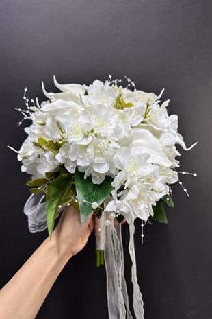 İncili Gala Yoğun Çiçekli Gelin Buketi Ve Damat Yaka Çiçeği