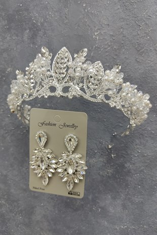 İncili Jabbah Model Gelin Tacı Ve Damla Taşlı Küpe