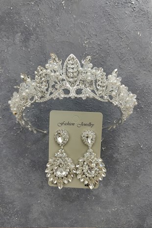 İncili Jabbah Model Gelin Tacı Ve Damla Mekik Taşlı Küpe