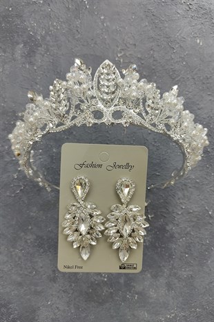 İncili Jabbah Model Gelin Tacı Ve Damla Taşlı Küpe