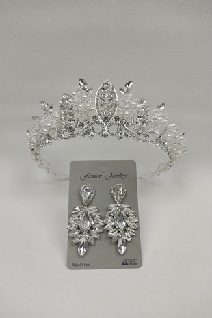 İncili Jabbah Model Gelin Tacı Ve Damla Taşlı Küpe