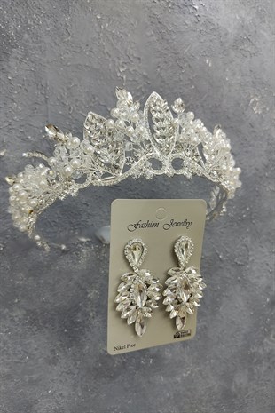 İncili Jabbah Model Gelin Tacı Ve Damla Taşlı Küpe