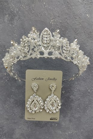 İncili Jabbah Model Gelin Tacı Ve Mekik Taşlı Küpe