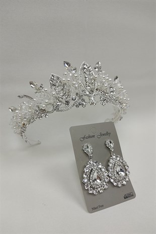 İncili Jabbah Model Gelin Tacı Ve Mekik Taşlı Küpe