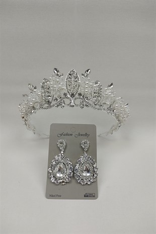 İncili Jabbah Model Gelin Tacı Ve Mekik Taşlı Küpe