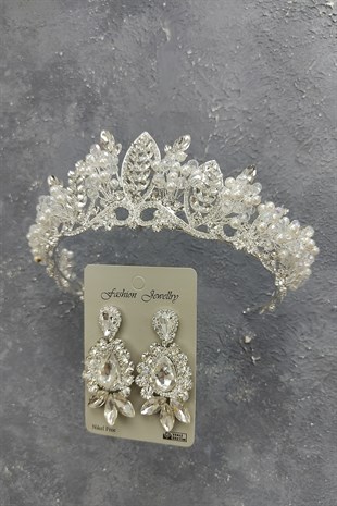 İncili Jabbah Model Gelin Tacı Ve mekik Damla Taşlı Küpe