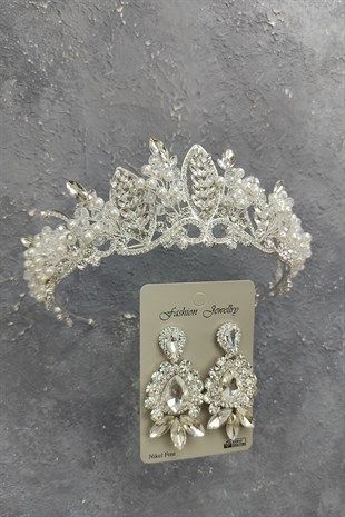 İncili Jabbah Model Gelin Tacı Ve mekik Damla Taşlı Küpe