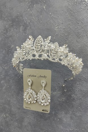 İncili Jabbah Model Gelin Tacı Ve Mekik Taşlı Küpe