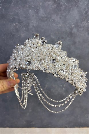 İncili Krem Cudy Yoğun Boncuk İşlemeli Alınlık Gelin Kına Tacı