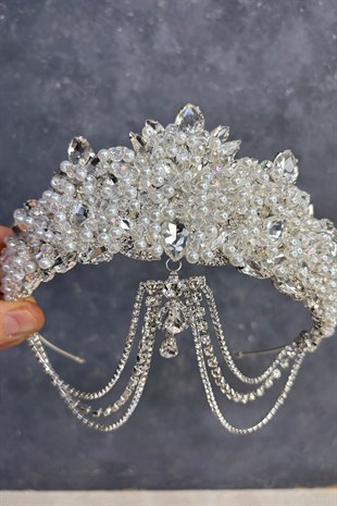 İncili Krem Cudy Yoğun Boncuk İşlemeli Alınlık Gelin Kına Tacı