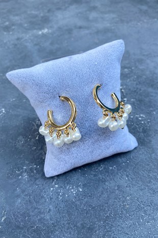 İncili Metal Sallantılı Gold Küpe