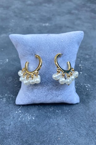 İncili Metal Sallantılı Gold Küpe