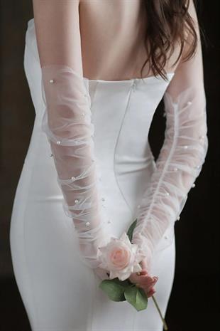 İncili Şık Tül Gelin Eldiveni Şeffaf Tül Gelin Eldiveniveni Düğün Nikah Gelin Eldiveni Balo Eldiveni