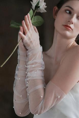 İncili Şık Tül Gelin Eldiveni Şeffaf Tül Gelin Eldiveniveni Düğün Nikah Gelin Eldiveni Balo Eldiveni