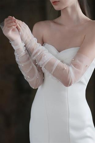 İncili Şık Tül Gelin Eldiveni Şeffaf Tül Gelin Eldiveniveni Düğün Nikah Gelin Eldiveni Balo Eldiveni
