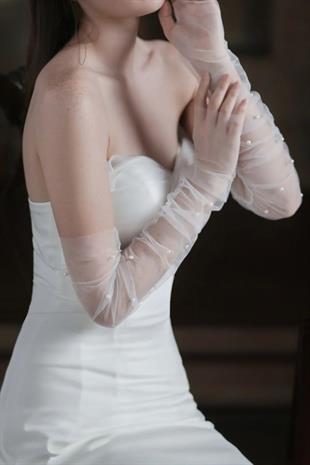 İncili Şık Tül Gelin Eldiveni Şeffaf Tül Gelin Eldiveniveni Düğün Nikah Gelin Eldiveni Balo Eldiveni