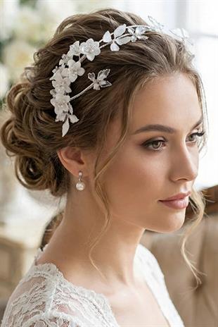 Pearl and Crystal Embellished Floral Bridal Tiara Hellenistic Henna Engagement Hair Accessory