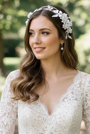 Pearl and Crystal Embellished Floral Bridal Tiara Hellenistic Henna Engagement Hair Accessory