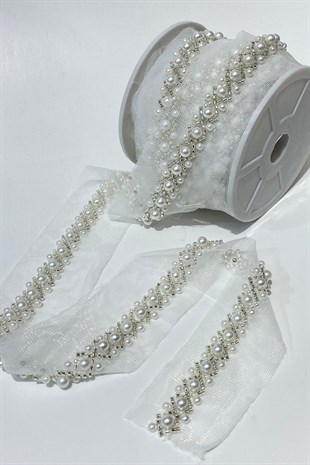 İncili ve Kum Boncuk İşlemeli Şerit 1 mt