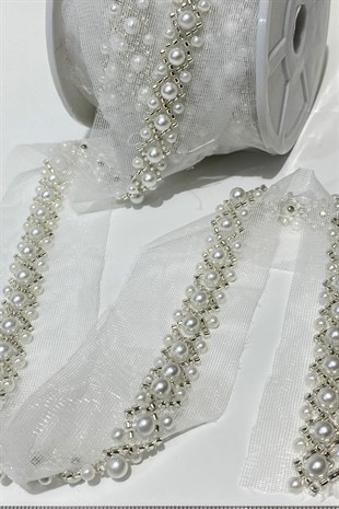 İncili ve Kum Boncuk İşlemeli Şerit 1 mt