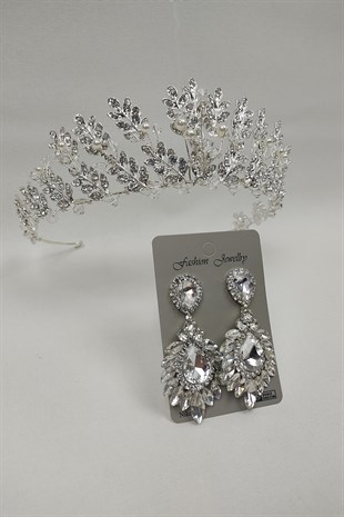 İncili Yaprak Model Gelin Tacı Ve Damla Mekik Taşlı Küpe