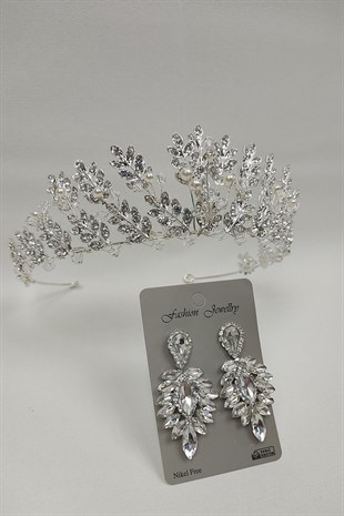 İncili Yaprak Model Gelin Tacı Ve Damla Taşlı Küpe