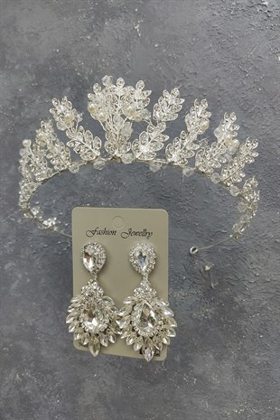 İncili Yaprak Model Gelin Tacı Ve Damla Mekik Taşlı Küpe