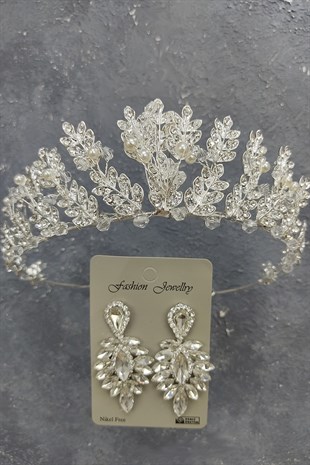 İncili Yaprak Model Gelin Tacı Ve Damla Taşlı Küpe