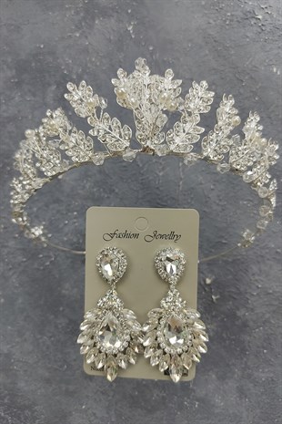 İncili Yaprak Model Gelin Tacı Ve Damla Mekik Taşlı Küpe