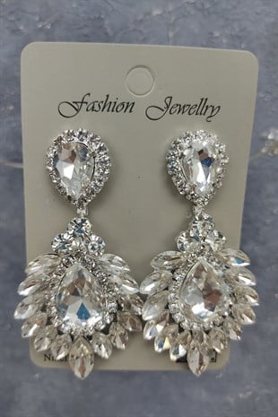 İncili Yaprak Model Gelin Tacı Ve Damla Mekik Taşlı Küpe