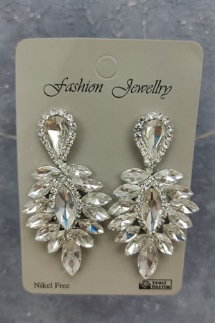 İncili Yaprak Model Gelin Tacı Ve Damla Taşlı Küpe