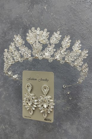 İncili Yaprak Model Gelin Tacı Ve Damla Taşlı Küpe