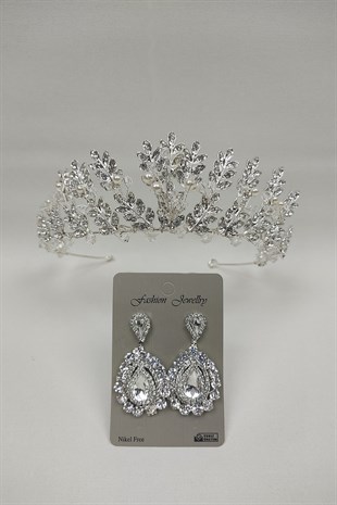 İncili Yaprak Model Gelin Tacı Ve Mekik Taşlı Küpe