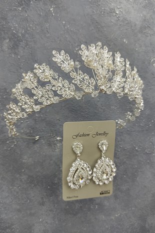 İncili Yaprak Model Gelin Tacı Ve Mekik Taşlı Küpe