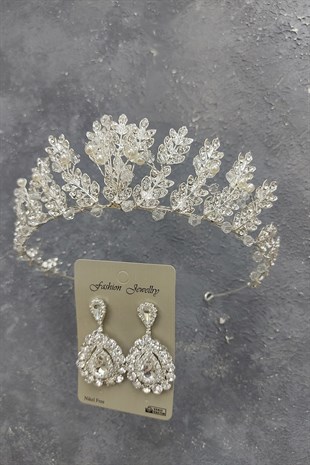 İncili Yaprak Model Gelin Tacı Ve Mekik Taşlı Küpe