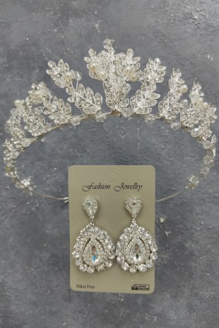 İncili Yaprak Model Gelin Tacı Ve Mekik Taşlı Küpe