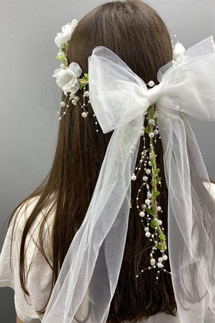 İncili Yapraklı Tasarım Fiyonklu Gelin Tacı ve Saç Aksesuarı