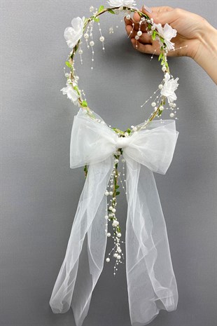 İncili Yapraklı Tasarım Fiyonklu Gelin Tacı ve Saç Aksesuarı