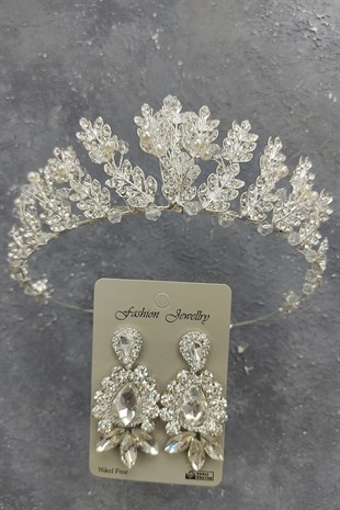 İnciliYaprak Model Gelin Tacı Ve Mekik Damla Taşlı Küpe