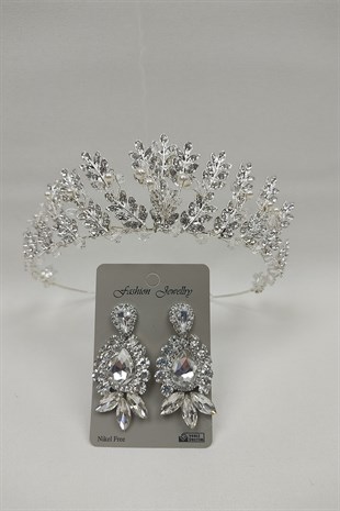 İnciliYaprak Model Gelin Tacı Ve Mekik Damla Taşlı Küpe