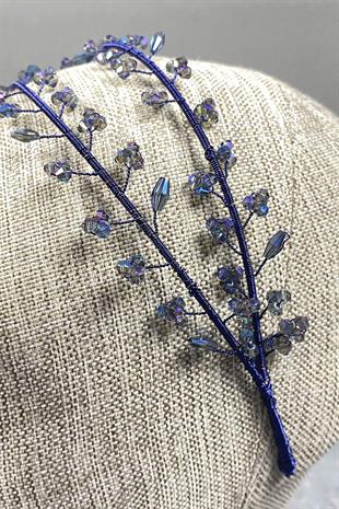 Indigo Blue Double Row Leva Crystal Beaded Bridal Henna Crown