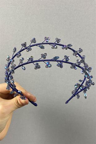 Indigo Blue Double Row Leva Crystal Beaded Bridal Henna Crown