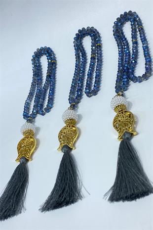 İndigo Mavi Hediyelik Laleli Püsküllü Kristal Boncuklu 99 Lu Namaz Tesbihi ( Mevlüt-sünnet-hac-umre)