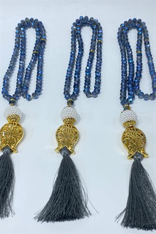 İndigo Mavi Hediyelik Laleli Püsküllü Kristal Boncuklu 99 Lu Namaz Tesbihi ( Mevlüt-sünnet-hac-umre)