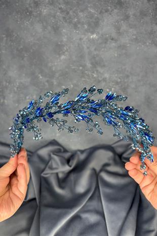 İndigo Mavi Hera Kristal Boncuklu Gelin Kına Tacı Saç Ve Türban Aksesuarı