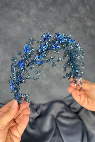 İndigo Mavi Hera Kristal Boncuklu Gelin Kına Tacı Saç Ve Türban Aksesuarı