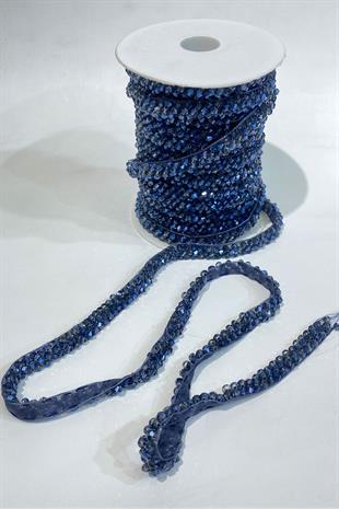 İndigo Mavi Kristal Boncuk İşlemeli Şerit